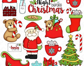 Twas the Night Before Christmas Hand Drawn Digital Clipart - Set of 16 - Santa, Christmas Tree, Mouse, Cocoa - Instant Download - Item #9200