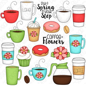 Frühling Kaffee Clipart Set - Handgezeichnete Digitale Clipart - Kaffee, Latte, Blumen - Art.-Nr. 9223