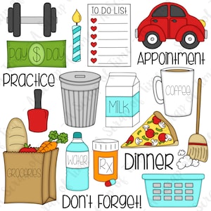 Day to Day Digital Clipart - Set of 19 - Groceries, Laundry, Car, Pizza, Milk, Coffee  - Instant Download - Item#9181