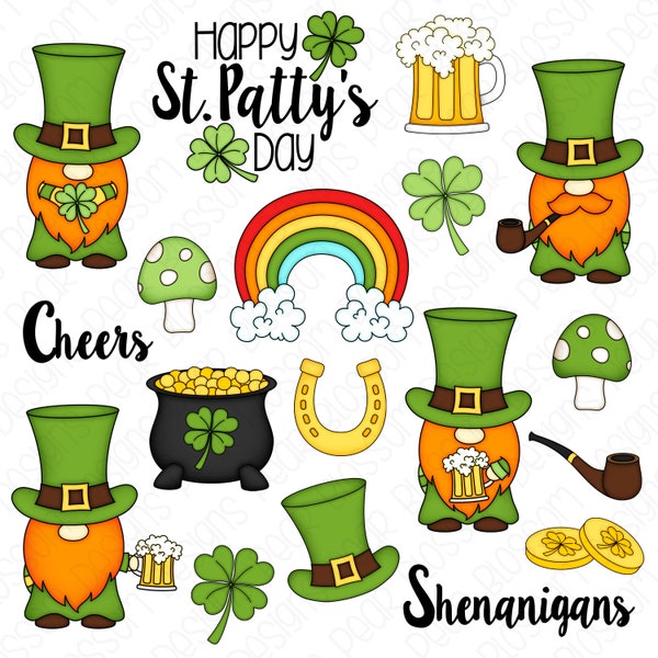 St. Patty's Day Hand Drawn Digital Clipart - Set of 18 - St. Patrick's Day, Leprechaun, Beer, Clover, Rainbow - Instant Download - Item#9203
