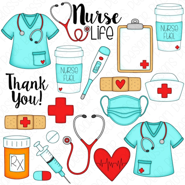 Nurse Life Hand Drawn Digital Clipart - Set of 19 - Scrubs, Mask, Thermometer, Nurse Fuel, Coffee - Instant Download - Item#9207