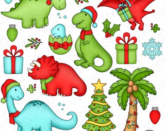 Christmas Dinosaurs Clipart Set - Hand Drawn Digital Clipart - Item# 9295