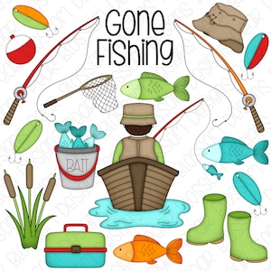 Gone Fishing Digital Clipart - Set of 19 - Fisherman, Galoshes, Fishing Pole, Fish, Fishing Hat- Instant Download - Item#9186