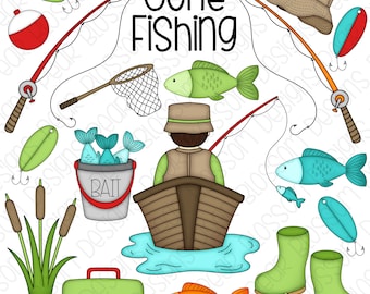 Gone Fishing Digital Clipart - Set of 19 - Fisherman, Galoshes, Fishing Pole, Fish, Fishing Hat- Instant Download - Item#9186