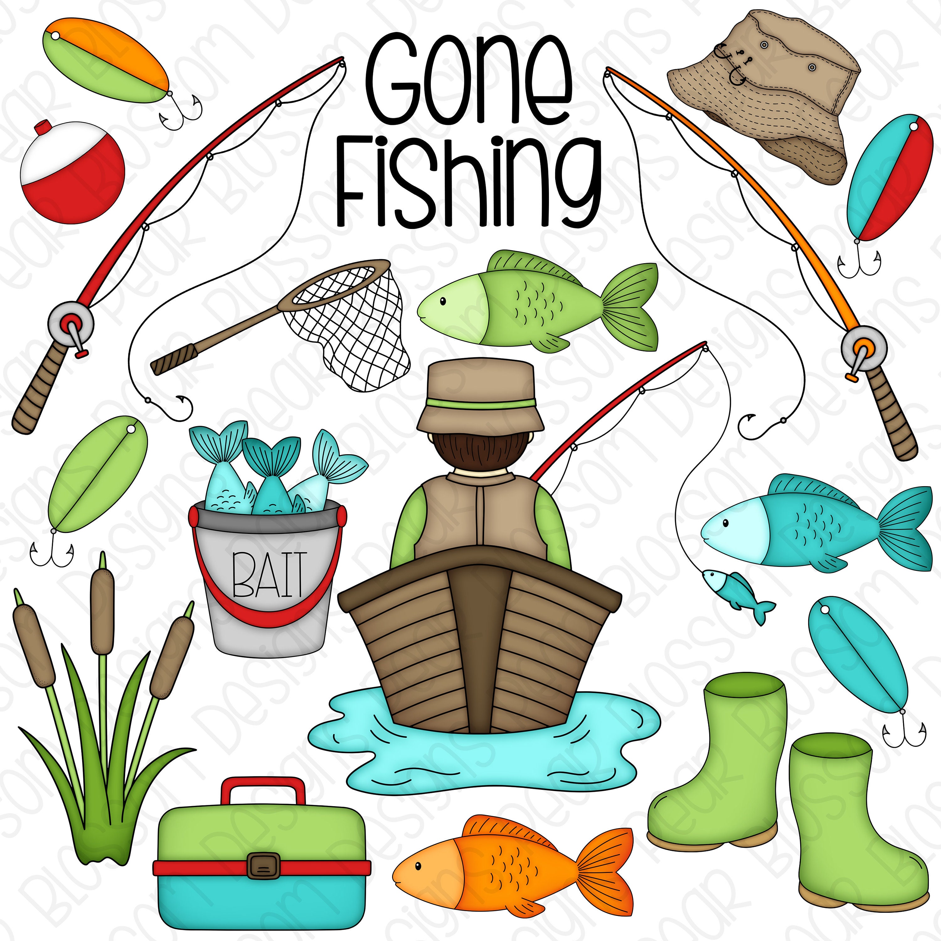 Gone Fishing Digital Clipart Set of 19 Fisherman, Galoshes