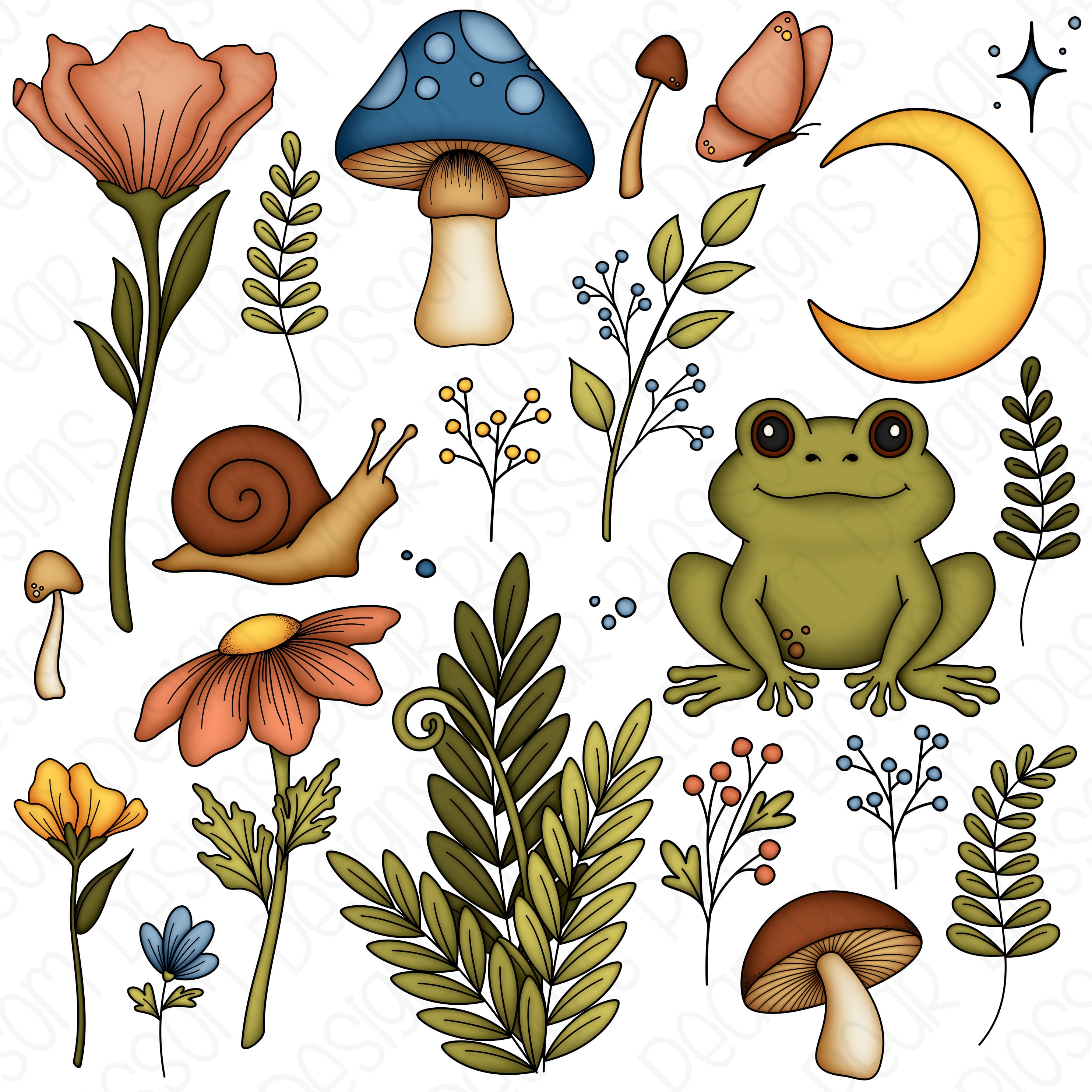 Cottagecore Boho Clipart Set - Hand Drawn Digital Clipart - Item# 9304