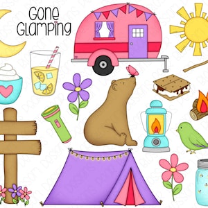 Glamping Pink and Purple Digital Clipart Set of 18 Tent, Camper, Bear, Lemonade, Cocoa, Campfire, Girl Instant Download Item9252 image 2