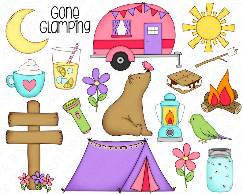 Glamping Pink and Purple Digital Clipart Set of 18 Tent, Camper, Bear, Lemonade, Cocoa, Campfire, Girl Instant Download Item9252 image 2