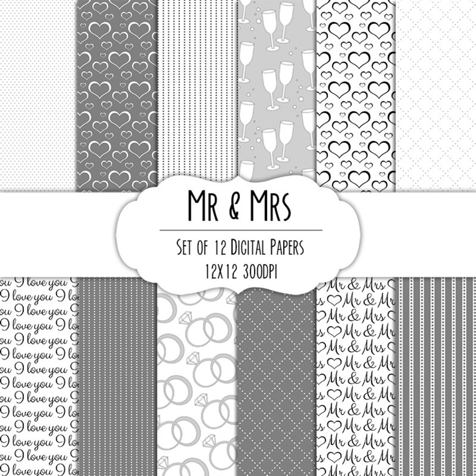 Mr & Mrs Wedding Digital Scrapbook Paper 12x12 Pack Set of Etsy