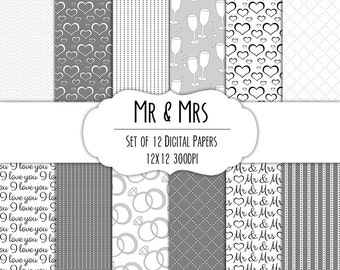 Mr & Mrs Wedding Digital Scrapbook Paper 12x12 Pack - Set of 12 - Polka Dots, Stripes, Hearts - Instant Download - Item# 8094