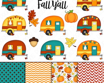 Fall Campers Hand Drawn Digital Clipart & Paper - Set of 17 - Fall Campers, Digital Paper - Instant Download - Item #9188