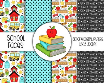 Può includere: Set di quattro carte digitali a tema scolastico. Le carte presentano una varietà di immagini legate alla scuola, tra cui un autobus scolastico, una scuola, uno zaino, matite, pastelli, righelli, mele e stelle. Le carte misurano 12 pollici per 12 pollici e 300 DPI.