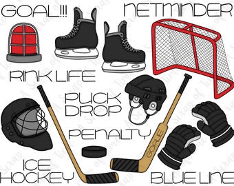 Ice Hockey Hand Drawn Digital Clipart - Set of 18 - Hockey Skate, Helmet, Gloves, Stick, Net - Instant Download - Item #9170