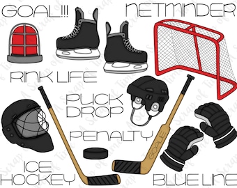 Ice Hockey Hand Drawn Digital Clipart - Set of 18 - Hockey Skate, Helmet, Gloves, Stick, Net - Instant Download - Item #9170