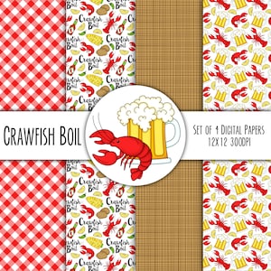 Crawfish Boil HandgezeichnetEs Digitales Papier Mini Pack - 4er Set - Krebs, Bier, Mais auf dem Kolben - Instant Download - 8303