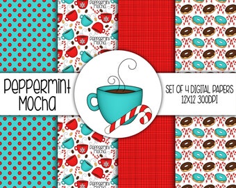 Peppermint Mocha Coffee Hand Drawn Digital Paper Mini Pack - Set of 4 - Coffee Mugs, Latte, Candy Canes, Donuts - Instant Download - 8289