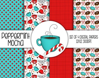 May include: Set of four digital paper designs featuring a peppermint mocha theme. The designs include red and white polka dots, red and white plaid, a pattern of coffee cups with peppermint mocha text, and a pattern of chocolate and blue donuts with candy canes.