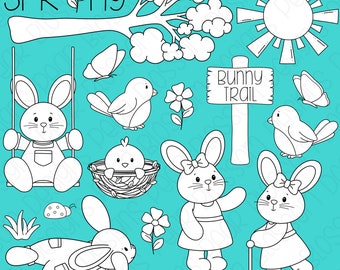 Spring Bunnies - Hand Drawn -  Digital Stamps, Digistamps, Clipart - Instant Download - 7148