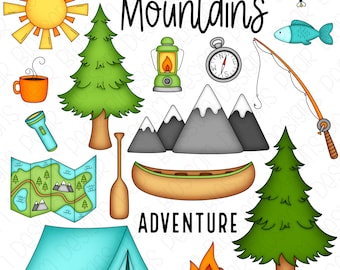 Take Me to the Mountains Camping Digital Clipart - Set of 18 - Tent, Canoe, Trees, Fishing Pole, Campfire - Instant Download - Item#9277