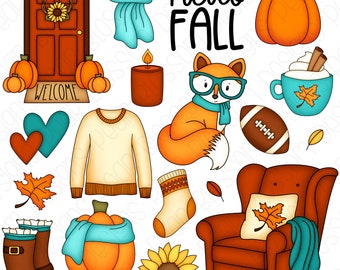 Hello Fall Clipart Set - Hand Drawn Digital Clipart - Fox, Pumpkins, Sweater, Boots - Item# 9310