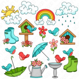 April Showers Clipart Set - Hand Drawn Digital Clipart - Rain, Rainbow, Spring, Birds, Birdhouse, Flowers - Item# 9224