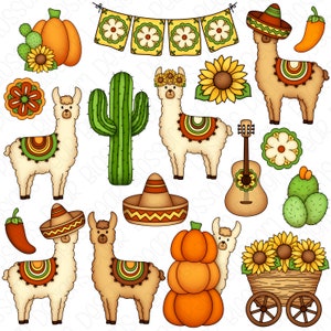 May include: A set of colorful digital clipart featuring llamas, cacti, sunflowers, pumpkins, sombreros, and a guitar. The clipart is perfect for creating festive crafts, party decorations, and digital projects.