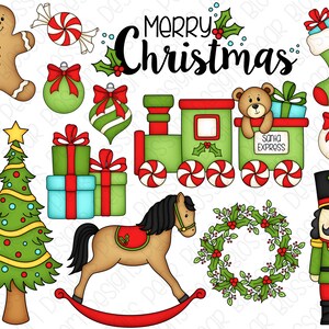 May include: A collection of Christmas-themed illustrations, including a gingerbread person, candy canes, ornaments, a rocking horse, a toy train, a nutcracker, a wreath, and a Christmas tree. The text "Merry Christmas" is written in black cursive letters.