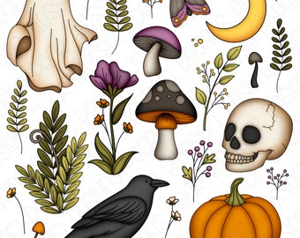 Cottagecore Halloween Clipart Set - Hand Drawn Digital Clipart - Item# 9307