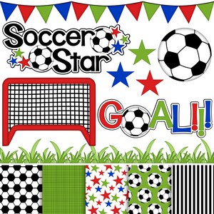 Może przedstawiać: Zestaw cyfrowych obrazków clipart z motywem piłki nożnej, z piłką nożną, bramką, trawą, gwiazdami i napisami "Soccer Star" i "Goal!" w kolorze czerwonym, niebieskim, zielonym i czarnym.