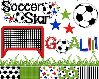 Soccer Star Digital Clipart & Paper #8255 - Set of 14 - Flags, Grass, Net, Titles, Stars, Goal - Instant Download