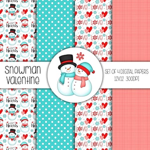 Snowman Valentine Hand Drawn Digital Paper Mini Pack - Set of 4 - Instant Download - 8312