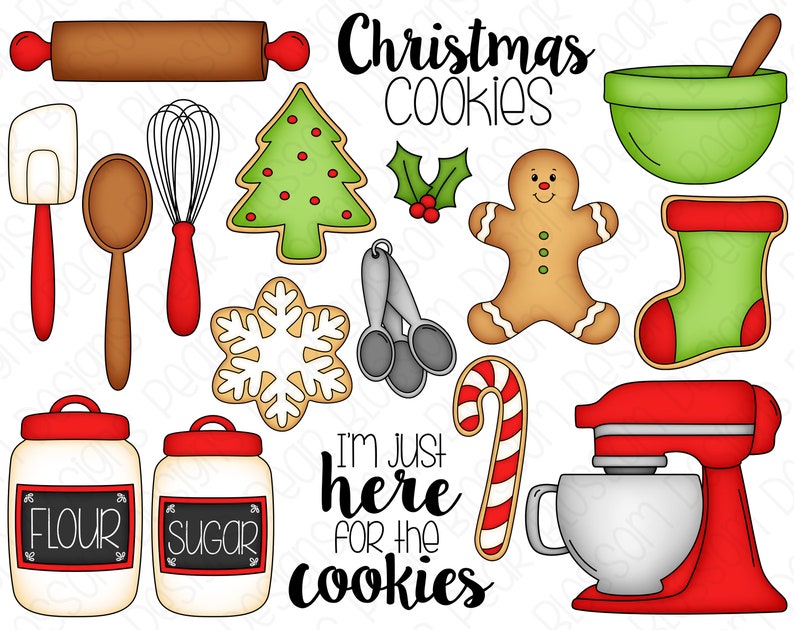 Christmas Cookies Hand Drawn Digital Clipart Set of 17 Cookies, Gingerbread Man, Mixer, Whisk Instant Download Item 9179 image 2