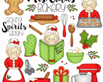 Mrs. Claus' Bakery Christmas Clipart Set - Hand Drawn Digital Clipart - Christmas Baking - Item# 9289