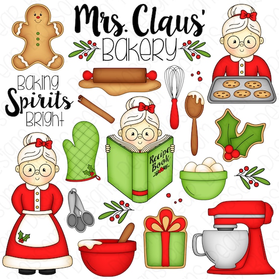 Mrs. Claus' Bakery Christmas Clipart Set - Hand Drawn Digital Clipart - Christmas Baking - Item# 9289