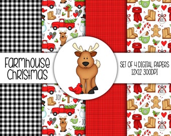 Farmhouse Christmas Hand Drawn Digital Paper Mini Pack - Set of 4 - Instant Download - 8310