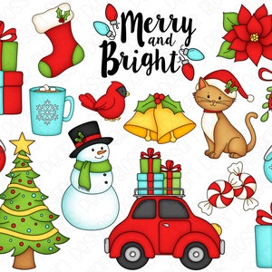 Op de afbeelding: Een verzameling kerstthema-illustraties, waaronder een sneeuwpop, een kerstboom, een rode auto, een kat, een kous, een cadeau, een kerstster, mistletoe, een snoepstok en een mok met warme chocolademelk. De tekst "Merry and Bright" staat in het midden van de afbeelding.