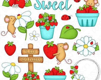 Berry Sweet Strawberry Clipart Set - Hand Drawn Digital Clipart - Strawberries, Mice, Cute Strawberries - Item# 9227