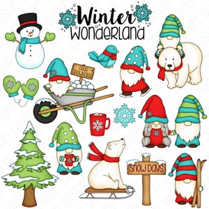 Winter Gnomes Clipart Set - Hand Drawn Digital Clipart - Polar Bear, Snow Gnomes, Snowman - Item# 9221