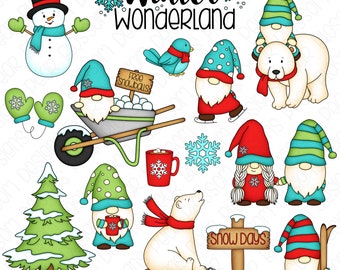 Winter Gnomes Clipart Set - Hand Drawn Digital Clipart - Polar Bear, Snow Gnomes, Snowman - Item# 9221