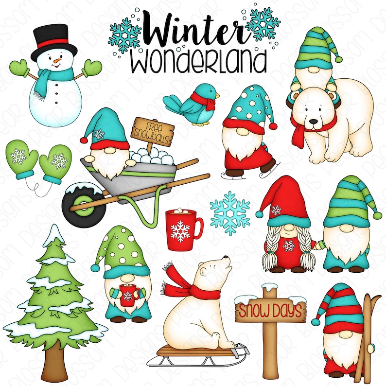 Winter Gnomes Clipart Set Hand Drawn Digital Clipart Polar Bear, Snow Gnomes, Snowman Item 9221 image 1