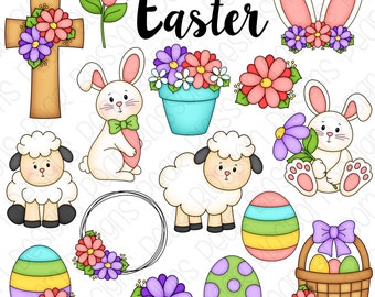 Blommig påsk clipart set - Handritad digital clipart - Påskhare, lammunge, blommigt kors - Artikelnummer 9225
