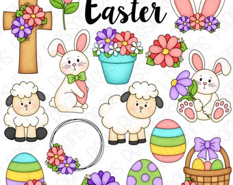 Floral Easter Clipart Set - Hand Drawn Digital Clipart - Easter Bunny, Baby Lamb, Floral Cross - Item# 9225