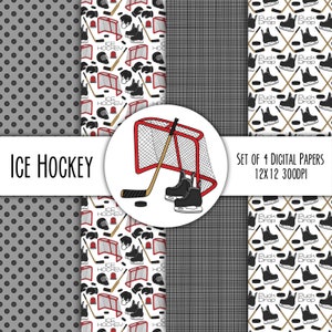 Könnte beinhalten: Satz mit vier digitalen Papieren mit Eishockey-Motiven. Die Muster umfassen ein Punkte-Muster, ein Muster mit Hockeyausrüstung, ein Karomuster und ein Muster mit Hockeyscheiben und Schlägern. Der Text "ICE HOCKEY" und "SET OF 4 DIGITAL PAPERS 12X12 300DPI" ist im Bild enthalten.
