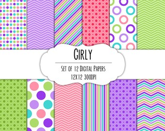 Girly Digital Scrapbook Paper 12x12 Pack - Set of 12 - Polka Dots, Chevron, Stripes - Instant Download - 8051