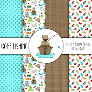 Gone Fishing Hand Drawn Digital Paper Mini Pack #8291- Set of 4 - Fisherman, Galoshes, Fishing Pole, Fish, Fishing Hat - Instant Download