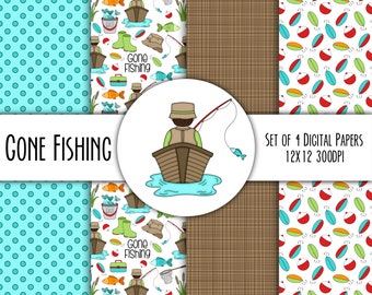May include: Set of four digital papers with a fishing theme. The papers feature a variety of fishing-related illustrations, including a fisherman in a boat, fishing rods, bobbers, and fish. The papers are 12 inches by 12 inches and 300 DPI.