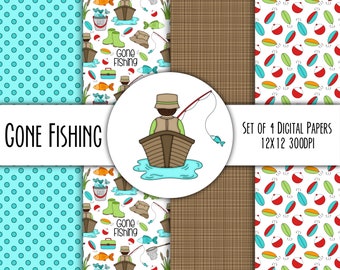 Gone Fishing Hand Drawn Digital Paper Mini Pack #8291- Set of 4 - Fisherman, Galoshes, Fishing Pole, Fish, Fishing Hat - Instant Download