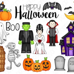 Halloween Monsters Digital Clipart - Set of 15 - Frankenstein, Dracula, Mummy, Haunted House, Grave Stone, Ghost - Instant Download #9189