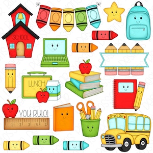 School Faces Clipart Set - Hand Drawn Digital Clipart - School Days, Elementary School, Kawaii School, Back to School - Item# 9237