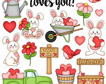 Somebunny Loves You Hand Drawn Digital Clipart - Set of 17 - Valentine Bunny - Instant Download - Item #9270